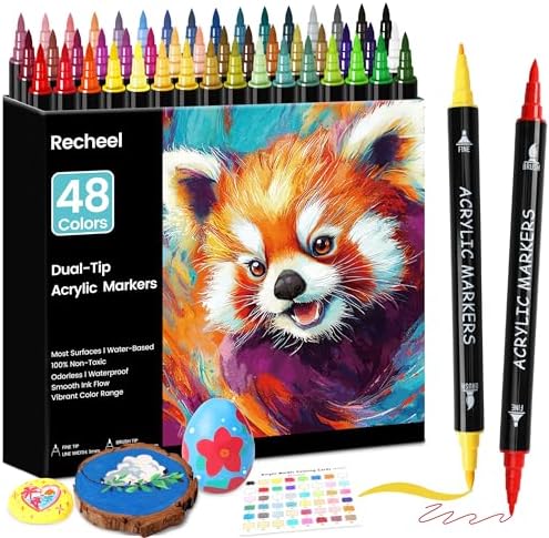Recheel Acrylic Paint Markers, 48 Colors Dual Tip Fine & Brush Pens for Art | For Rock, Wood, Canvas, Glass, Ceramic & More, Perfect for Multi-Surface DIY Crafts and Creative Art Projects