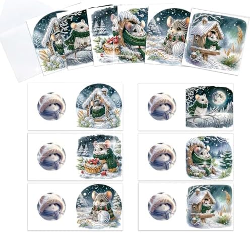 antor 6 Pack Christmas Diamond Art Cards with Envelopes, DIY Special Shaped Rhinestone Diamond Painting Greeting Card Kit, Winter Mouse Design for Adults Holiday Craft