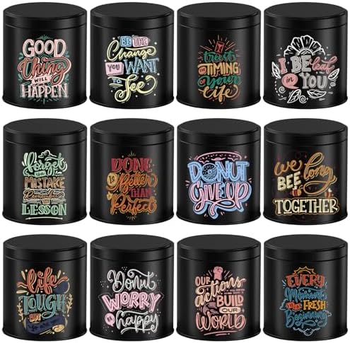 12 Pack 10 oz Candle Tins with Lids – Empty Candle cans for Candle Making, Black Decorative Candle Tins with Inspirational Quotes, Metal Candle Containers Making Supplies for Home DIY & Small Business