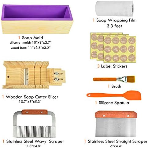 Artcome Loaf Soap Making Cutting Mold Kit Multi-Function Adjustable Wood Soap Mold Set - Rectangular Silicone Mold Set with Stainless Steel Wavy & Straight Cutter