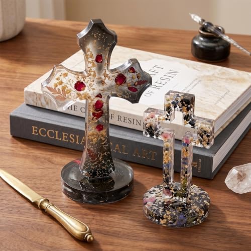 Cross Resin Mold Set with Base, 2PCS Silicone Standing Cross Molds, Hollow Cross Mold and Scalloped Cross Mold for Epoxy Resin, Plaster, Soap, Wax, DIY Religious Craft Decorations