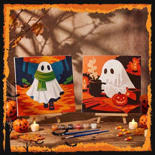 Nezyo 12 Pack Halloween Paint by Numbers Kit for Adults Beginner 8x8 Inch | Ghost Black Cat Witch Pattern, Paint by Number Frame Canvas, DIY Acrylic Easy Painting by Numbers for Home Wall Decor Party