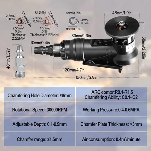 Pneumatic Chamfering Tool Handheld, Mini Air-Powered Chamfering Machine Trimming, 45° Arc Corner with 1/4 Inch Air Inlet for Metal Wood Beveling Deburring (C&R Angle Blades)
