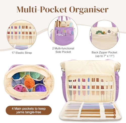 DALINDA Crochet Bag Organizer,Yarn Bag and Tote- Yarn Storage with Multiple Pockets for Crochet Supplies, Knitting Bag for Gifts,Portable & Durable(Purple)
