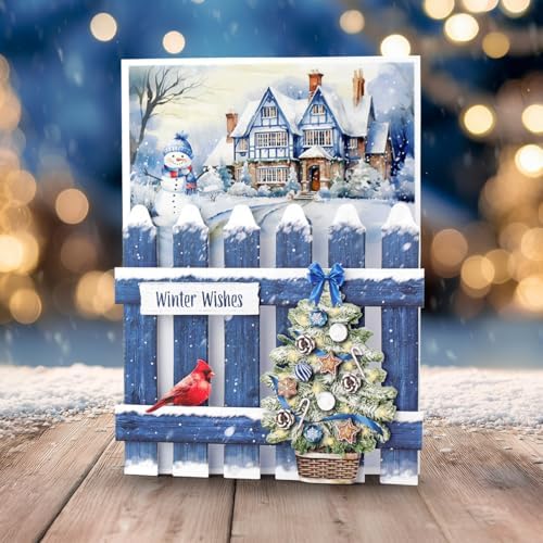 Katy Sue Christmas Garden Picket Fence Card Making Kit - 8 Shaped Cards, Die-Cut Embellishments, Background Scenes, Foam Pads, Instructions & 8 Envelopes for Christmas Card Making Supplies. UK-Made.