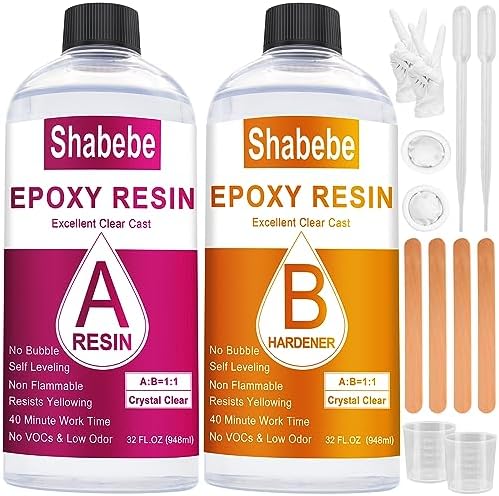 Shabebe Epoxy Resin, 64OZ Epoxy Resin Crystal Clear, Not-Yellowing No-Bubble, Self Leveling Easy Pour/Mix 1:1 Casting Kit & Coating for DIY Jewelry Making, Art Resina Clear Crafts, Molds, River Tables