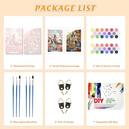 KEYIFA 2 Pack Paint by Numbers Kit, Stretched Canvas Boards for Painting for Adults, Crease-Free Acrylic Oil Painting for Students Beginner Favor Sip & Paint Party Supplies, Church + Castle (8x12in)