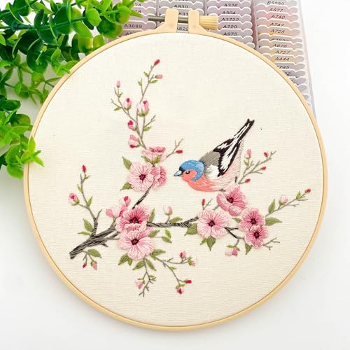 Silentsea Bird & Pink Blossoms Embroidery Kit – All-Inclusive DIY Cross Stitch Set with Pre-Printed Fabric, Threads, Needle, and Hoop for Adults – Perfect for Craft Lovers & Relaxation