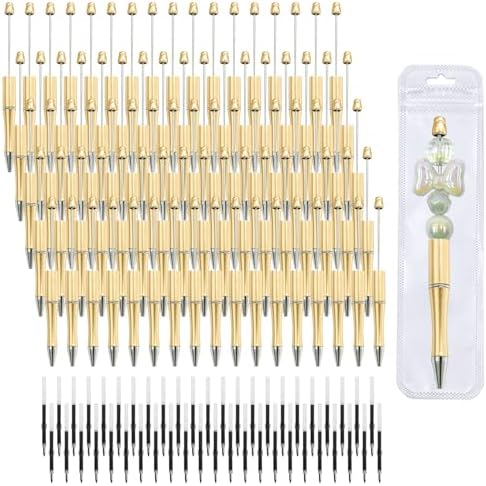 210 Pieces DIY Beadable Pen Bulk Kit – 70PCS Ballpoint Pen with Refills & Bags – Perfect for Beads Pens Supplies, Beaded Pens for DIY Crafting – Office Supplies & Teacher Accessories (Gold)