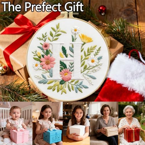 Zhenqing Letter H Embroidery Kit for Beginners, Pre-Printed 29x29cm Cotton Fabric with 20cm Hoop, Elegant Floral Monogram Design (C0091)
