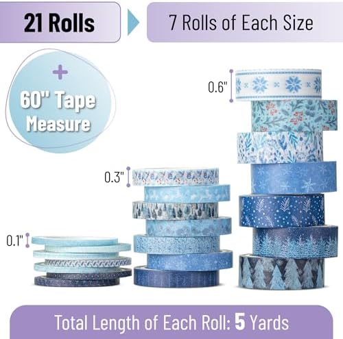 Mr. Pen- Washi Tape Set, 21 Rolls, Assorted Sizes, 5 Yards/Roll | Washi Tape for Scrapbook, Arts, Crafts, Journals and Planners, Ocean Breeze