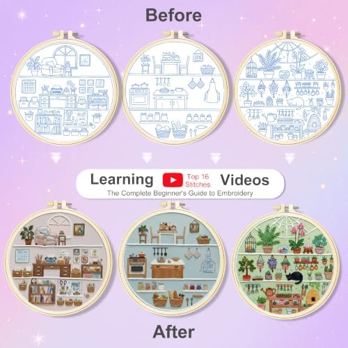 Huacan Embroidery Kit for Adults Beginners with 3 Hoops & Gift Box