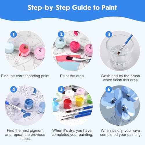 NEWENMO 4 Pack Paint by Numbers for Adults with Wooden Framed, Blue Flowers, Paint by Number Kits on Canvas for Beginner, DIY Acrylic Oil Painting Kits for Home Decor 8x8 inch, Beautiful Flowers