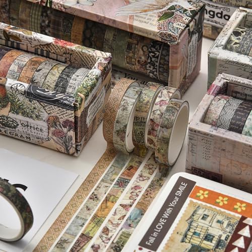 20 Rolls Skinny Vintage Washi Tape Set Retro Arts Adhesive Tapes Basic Patterns Decorative Masking Tape Sets for Craft, Kids, Scrapbook, DIY, Gift Wrapping (Forest Isles)