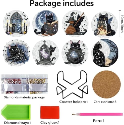 8 Pcs Cat Dimond Art Coasters Kits for Adults,Black Cat Diamond Painting Coaster Kits with Holder,Gem Art Paintings Crafts Supplies for Home Decor