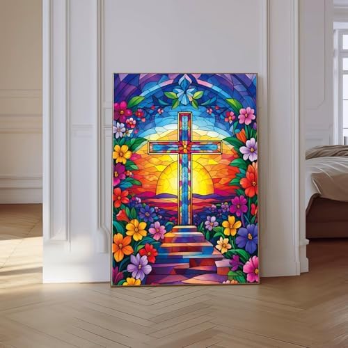 VeGuude Religious Cross Diamond Art Kits for Adults, Full Drill Flower Diamond Painting Kits for Beginners, DIY Full Rhinestone 5D Diamond dots (Gemstone Craft), Home Wall Decoration (12x16 inch)