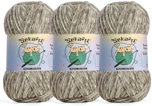 3 Pack of 300g (590yds) Fuzzy Chenille Yarn for Crocheting,Fluffy Amigurumi Crochet Yarn for DIY Craft/Hat/Clothes, Soft Velvet Baby Blanket Yarns（3 Silver Gray）