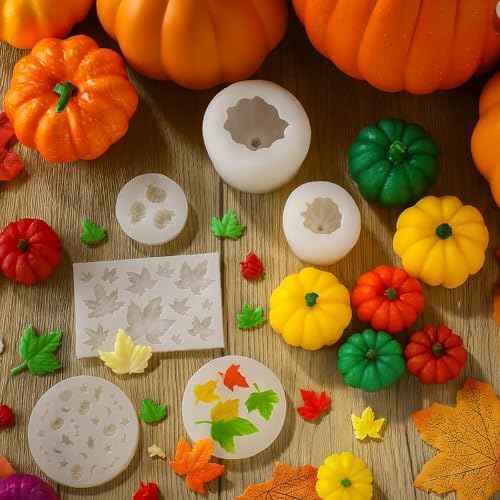 Janinka 108 Pcs Fall 3D Pumpkin Silicone Candle Molds Gift Set DIY Craft Resin Pumpkin Molds Making Kit with Maple for Autumn Craft Making Fondant Soap Candy Clay Tools Home Decor
