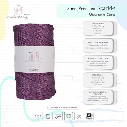 Makromecity Sparkle 2 Skeins of Polypropylene Macrame Cord 3mm x 131 Yards (394 feet) Premium Polyester Macrame Cord for Macrame Art & Crafts for Wall Hangings, Bags, Underplate, Rug