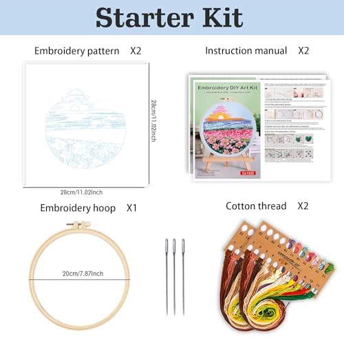 spicssa 2 PCS Embroidery Kit for Beginners, Hand Needlepoint Kits for Adults with Pre-Stamped Patterns, 7.8-Inch Hoop, Threads & Needles, Step by Step Instructions
