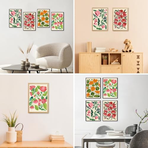 GEEHEIY 4 Pack Framed Paint by Numbers Kit for Adults, Flowers, 8 x 12 Inch | DIY Acrylic Painting by Numbers for Beginners, with Wooden Easel, Botanical Home Wall Decor, Stress Relief Craft Gift