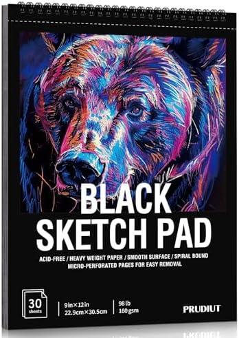 Black Paper Sketchbook 9 × 12 in, 30 Sheets, 160gsm Spiral Bound | Acid-Free 98Lb Black Paper, Lays Flat, Clean Tear-Out Pages, for Colored Pencil, Chalk, Gel Pens And Mixed Media