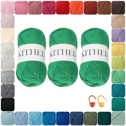 Cotton Chainette Yarn,4 Medium (Worsted)-10oz,3 Pack,Knitting Yarn for Beginners,Thicker for Crocheting and Knitting (14 Emerald Green)