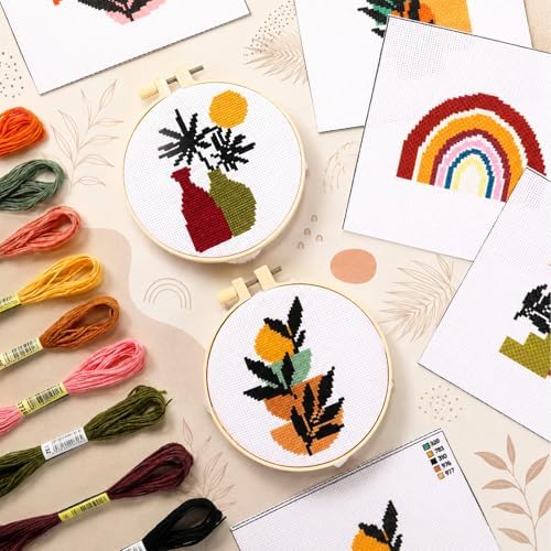 ZOIIWA 6PCS Boho Embroidery Kit for Beginners Adults Summer Cross Sewing Kits DIY Starter Hand Embroidery Kit with Needlepoint Patterns Hoop Threads Needles Instructions Craft Gift for Home Decor