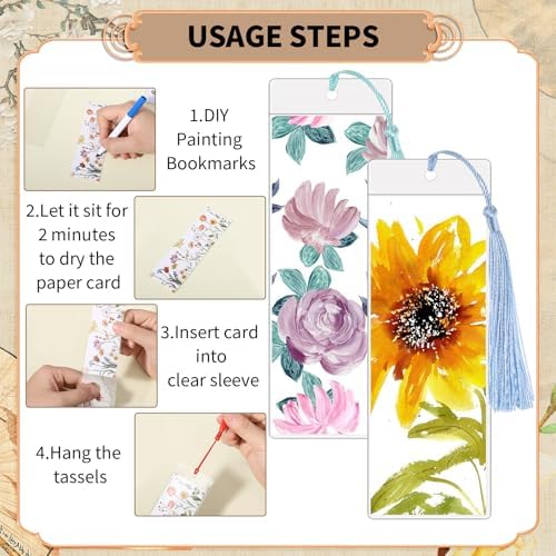 60 Sets Blank Kraft Paper Bookmarks Kit with Tassels and PVC Sleeves
