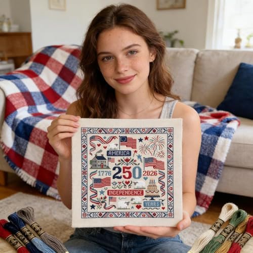 USA 250th Anniversary Cross Stitch Kit 9.8 x 9.8 Inch, 1776-2026 Patriotic Embroidery Kit for Beginners Adults, DIY 4th of July Patriotic Needlepoint Set with Threads Needle Wall Decor Craft Gift