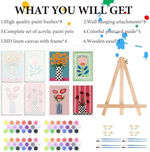 4 Pack Frame Paint by Numbers Kit for Adults, Easy Flowers Paint by Numbers