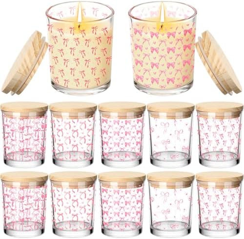 Ziliny 10 Pcs Pink Bow Glass Candle Jars Empty Containers Bulk 7 oz Glass Jars with Cork Lids Tins for Xmas Holiday Candle Making Storing Biscuits Tea Party Favors