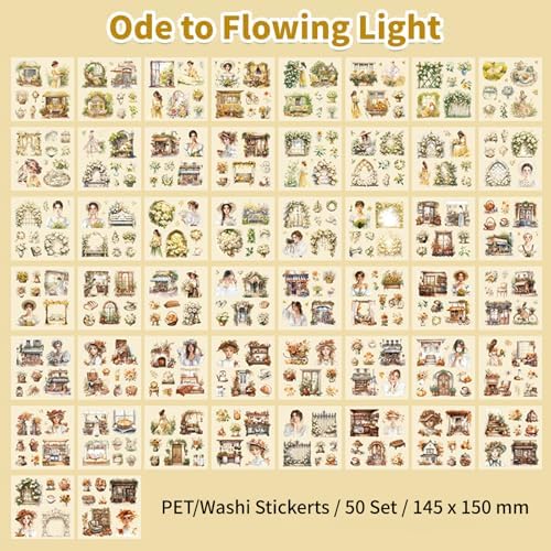 Fleeting Time Theme Sticker Scrapbooking Supplies for Junk Journal, 50 Sheets Washi Stickers - Vintage Journaling Stickers