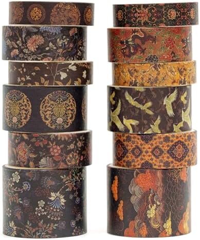 12 Rolls Chinoiserie Washi Tape Set Chinese Arts Adhesive Tapes Geometric Garden Decorative Masking Tape Sets for Craft, Kids, Scrapbook, DIY, Gift Wrapping (Whispers of Dragon)