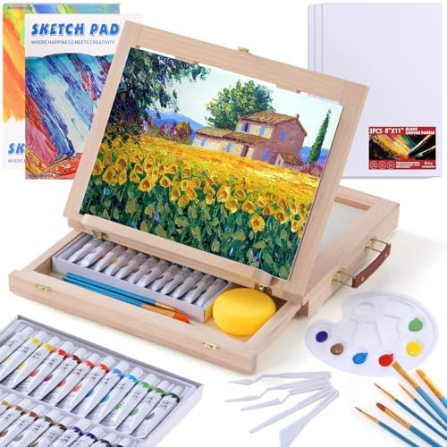 54 Pieces Complete Watercolor Paint Set with Portable Wooden Tabletop Easel