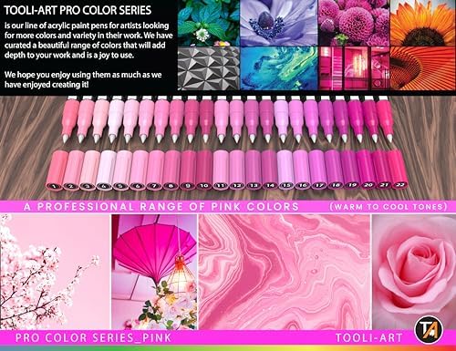 Acrylic Paint Pens 22 Pink Tones Assorted Pro Color Series Markers Set 0.7mm Extra Fine Tip for Rock Painting, Glass, Mugs, Wood, Metal, Canvas, Projects, Non Toxic, Waterbased, Quick Drying
