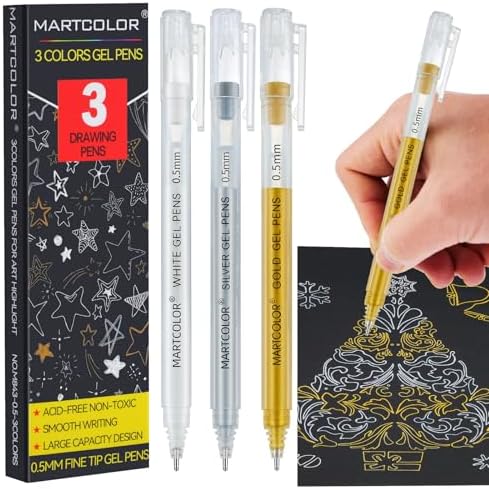 MARTCOLOR Gold Silver White Gel Pens, 3 Pack 0.5mm Fine Point Gel ink Pens