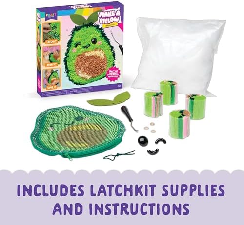 LatchKits Avocado Pillow - Latch Hook Kits for Kids, Arts and Crafts, Yarn Art, Kids Crafts, Toys for Girls, Birthday Gift for Girls, Easy to Follow Pattern, Hook Included, Craft Kits, Ages 6+