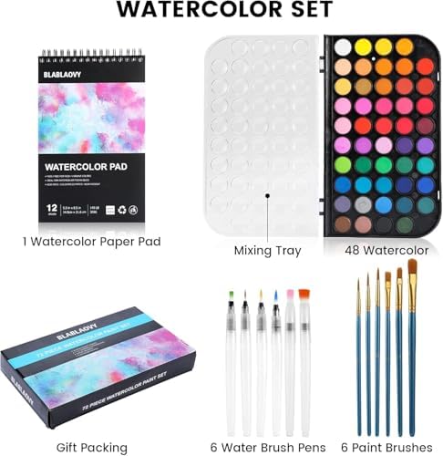 48 Colors Washable Watercolor Paint Set, with 12 Brush Pen & Drawing Pad