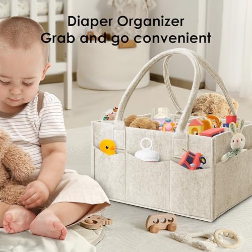 HIPHOP PANDA 2-Pack Diaper Caddy Organizer - Nursery Storage Bin & Car Organizer for Diapers, Wipes, and Baby Essentials - Dual-Color Solid Set (Grey/Oatmeal), Large Size