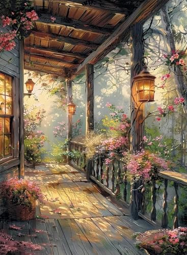 Square Diamond Painting Art Kits Square Drill Diamond Painting, Square Diamond Art, Garden Porch with Lights DIY Flower Gem Art Kits for Adults and Crafts for Gifts and Home Wall Decor Gifts 12x16 in
