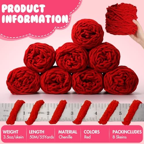 Buryeah 8 Pack Chunky Chenille Yarn for Crocheting, Red
