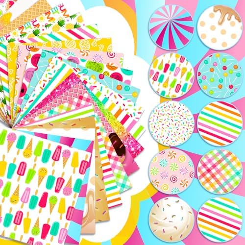 HunnmingRe 20 Pcs 10''x10'' Summer Quilting Fabric Square Ice Cream Pineapple Precut Fabric Bundle Colorful Sprinkle Polka Dot Check Printed Patchwork for Holiday DIY Craft Sewing Material Supplies