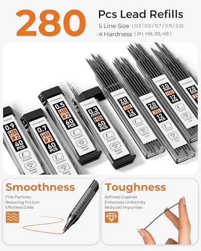 STAGEEK 20Pcs Black Metal Mechanical Pencil Set with Leather Case | 5PCS Art Drafting Pencils, 0.3, 0.5, 0.7, 0.9, 2.0MM Drawing Pencils, 9 Tube (4B 2B HB 2H Colors) Lead Refills, Erasers