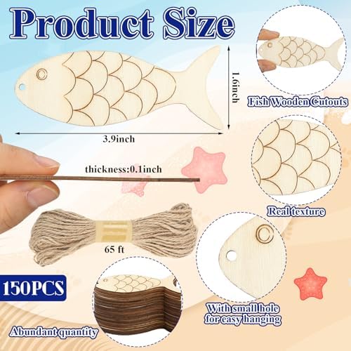 Gerrii 150 Pieces Blank Wood Fish Cutouts Hanging Ornaments for DIY Crafts