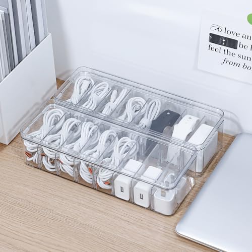 2 Pack Cable Organizer Box with Lid, Clear, Plastic