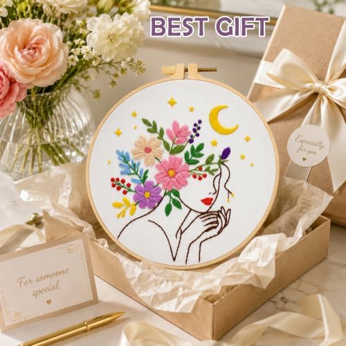Nuberlic Embroidery Kit for Beginner,Floral Woman Embroidery