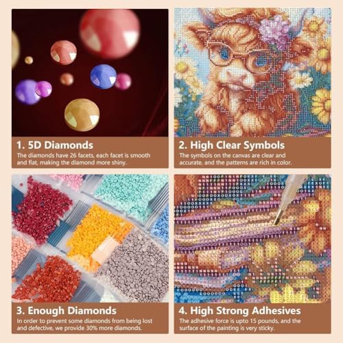 RYMILIE Cow Diamond Art Kits for Adults Diamond Painting Kit 14x14in | 5D Flowers Diamond Art Painting Kit for Beginners, DIY Full Round Drill Book Gem Art Crafts for Home Wall Decor Gift