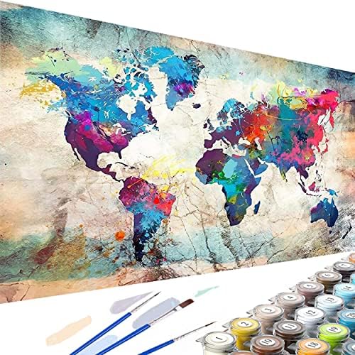 YALKIN Paint by Number Kits for Adults on Canvas, Large Oil Acrylic Painting Kit 15.8x35.5in World Map Easy DIY Paintwork for Beginners, Without Frames