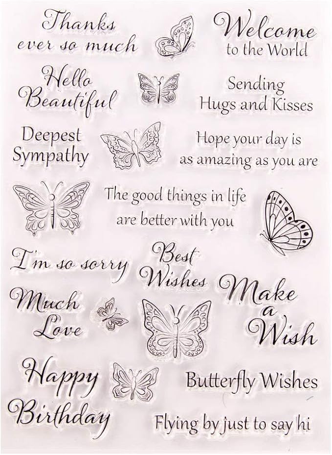 Words Clear Stamp Silicone Stamp Cards with Sentiments,Flowers,Butterfly,Greeting Words Pattern for Holiday Card Making Decoration and DIY Scrapbooking Album DIY Crafts